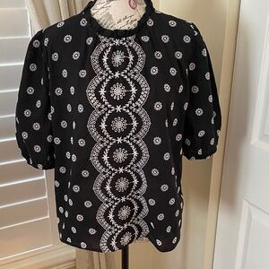 LOFT Black Top with White Embroidery